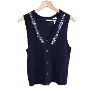 Vintage sweater vest navy blue floral embroidered Medium